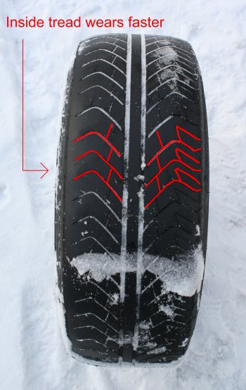 Clearly, the inside tread of the Michelin Sport tire mounted on a G35 Coupe wears faster than the outside of the tread